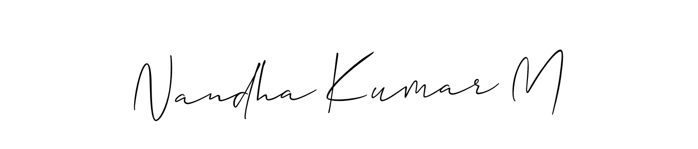 The best way (Allison_Script) to make a short signature is to pick only two or three words in your name. The name Nandha Kumar M include a total of six letters. For converting this name. Nandha Kumar M signature style 2 images and pictures png