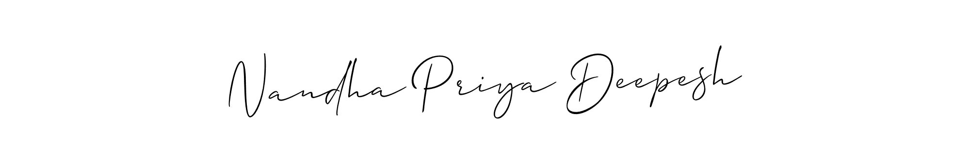 if you are searching for the best signature style for your name Nandha Priya Deepesh. so please give up your signature search. here we have designed multiple signature styles  using Allison_Script. Nandha Priya Deepesh signature style 2 images and pictures png