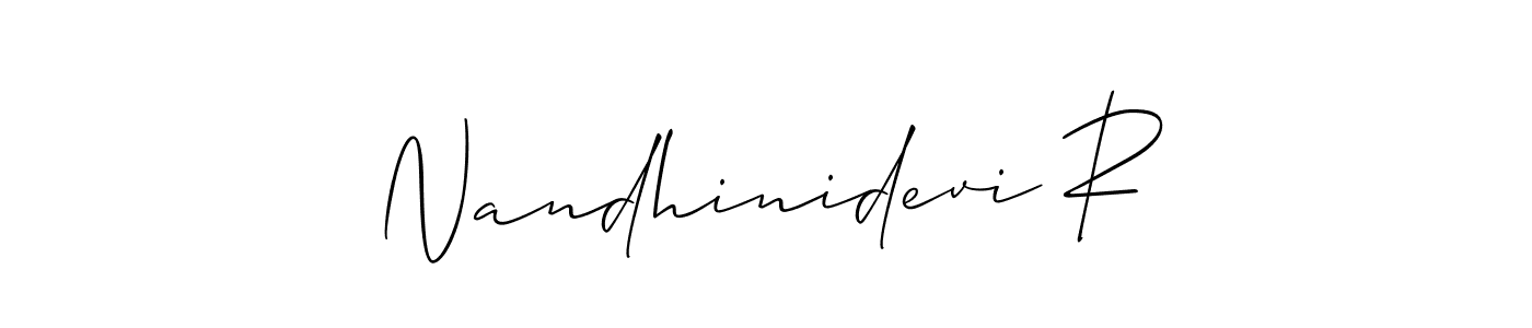 The best way (Allison_Script) to make a short signature is to pick only two or three words in your name. The name Nandhinidevi R include a total of six letters. For converting this name. Nandhinidevi R signature style 2 images and pictures png