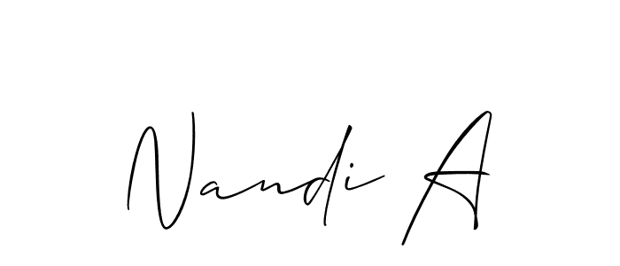 Similarly Allison_Script is the best handwritten signature design. Signature creator online .You can use it as an online autograph creator for name Nandi A. Nandi A signature style 2 images and pictures png