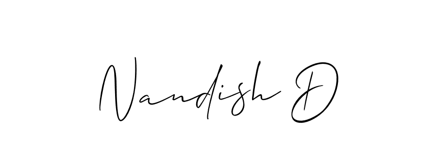 if you are searching for the best signature style for your name Nandish D. so please give up your signature search. here we have designed multiple signature styles  using Allison_Script. Nandish D signature style 2 images and pictures png