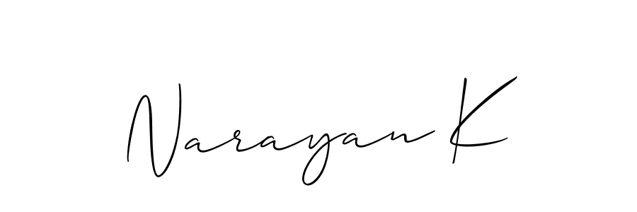The best way (Allison_Script) to make a short signature is to pick only two or three words in your name. The name Narayan K include a total of six letters. For converting this name. Narayan K signature style 2 images and pictures png