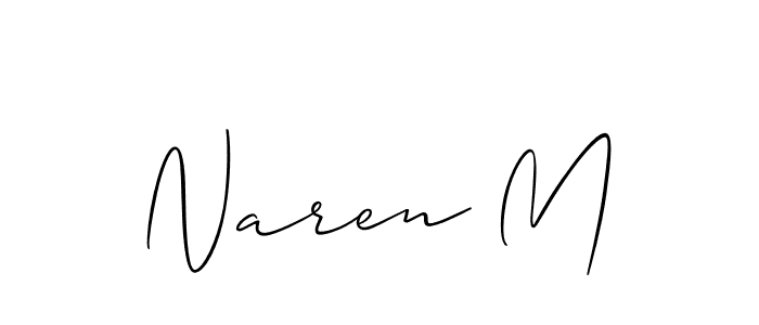 The best way (Allison_Script) to make a short signature is to pick only two or three words in your name. The name Naren M include a total of six letters. For converting this name. Naren M signature style 2 images and pictures png