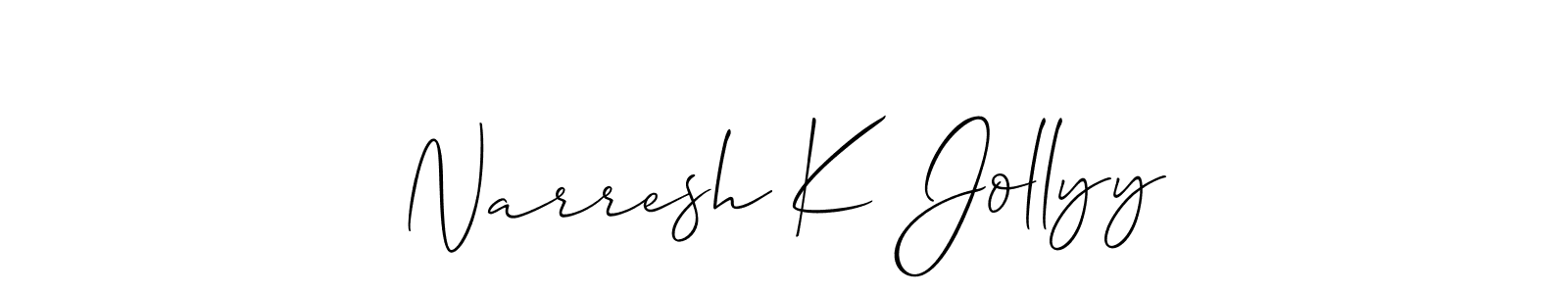 Similarly Allison_Script is the best handwritten signature design. Signature creator online .You can use it as an online autograph creator for name Narresh K Jollyy. Narresh K Jollyy signature style 2 images and pictures png