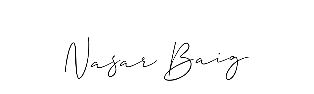 The best way (Allison_Script) to make a short signature is to pick only two or three words in your name. The name Nasar Baig include a total of six letters. For converting this name. Nasar Baig signature style 2 images and pictures png