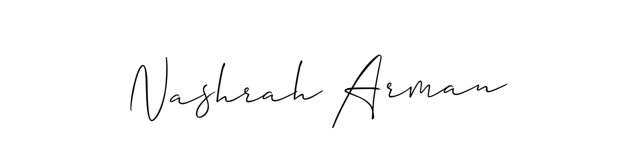 It looks lik you need a new signature style for name Nashrah Arman. Design unique handwritten (Allison_Script) signature with our free signature maker in just a few clicks. Nashrah Arman signature style 2 images and pictures png