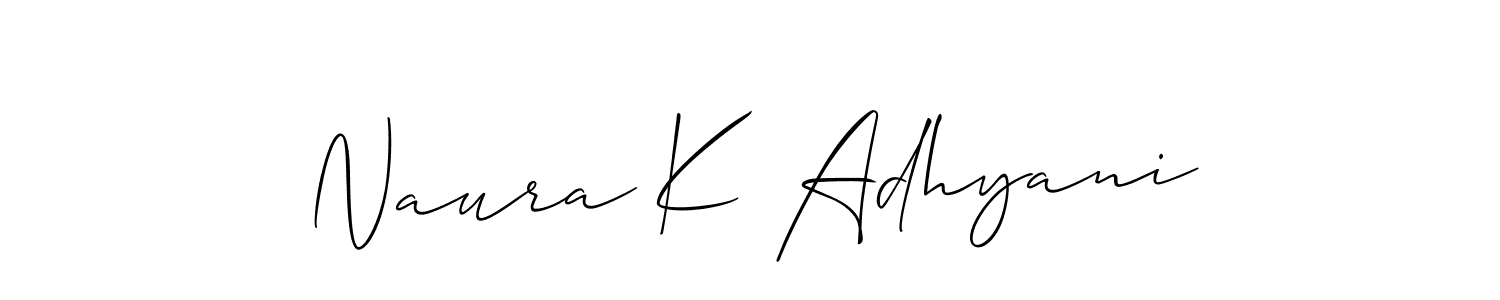 The best way (Allison_Script) to make a short signature is to pick only two or three words in your name. The name Naura K Adhyani include a total of six letters. For converting this name. Naura K Adhyani signature style 2 images and pictures png