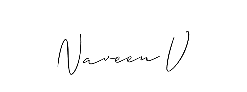 The best way (Allison_Script) to make a short signature is to pick only two or three words in your name. The name Naveen V include a total of six letters. For converting this name. Naveen V signature style 2 images and pictures png