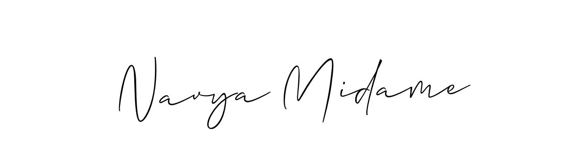 The best way (Allison_Script) to make a short signature is to pick only two or three words in your name. The name Navya Midame include a total of six letters. For converting this name. Navya Midame signature style 2 images and pictures png