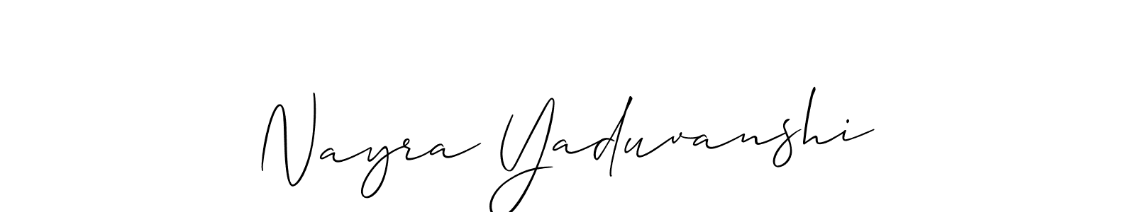 Use a signature maker to create a handwritten signature online. With this signature software, you can design (Allison_Script) your own signature for name Nayra Yaduvanshi. Nayra Yaduvanshi signature style 2 images and pictures png