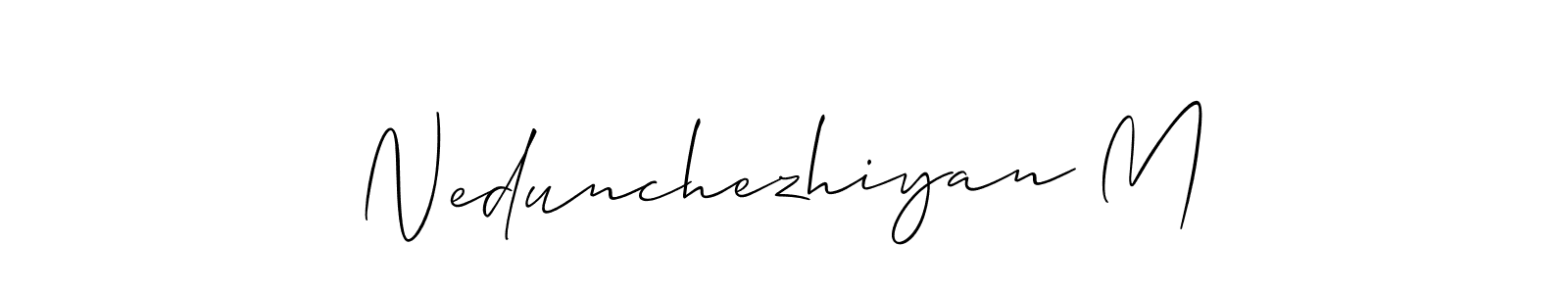 You should practise on your own different ways (Allison_Script) to write your name (Nedunchezhiyan M) in signature. don't let someone else do it for you. Nedunchezhiyan M signature style 2 images and pictures png