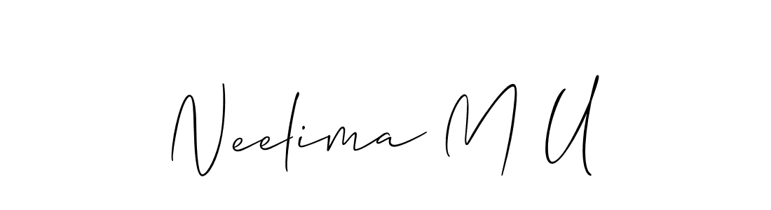 The best way (Allison_Script) to make a short signature is to pick only two or three words in your name. The name Neelima M U include a total of six letters. For converting this name. Neelima M U signature style 2 images and pictures png