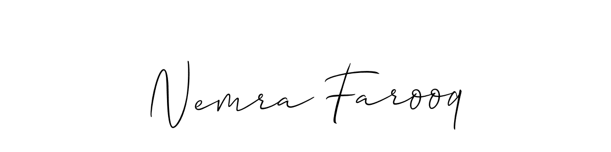 Also You can easily find your signature by using the search form. We will create Nemra Farooq name handwritten signature images for you free of cost using Allison_Script sign style. Nemra Farooq signature style 2 images and pictures png