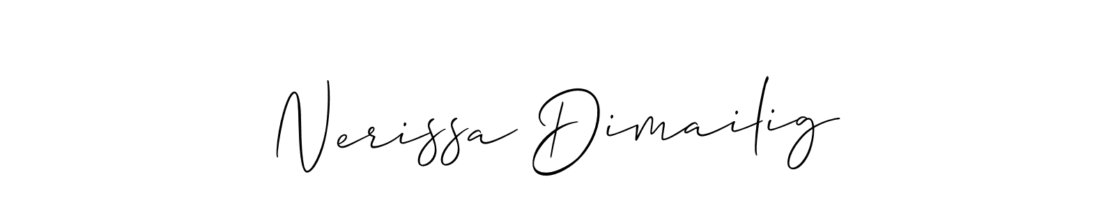 Also You can easily find your signature by using the search form. We will create Nerissa Dimailig name handwritten signature images for you free of cost using Allison_Script sign style. Nerissa Dimailig signature style 2 images and pictures png