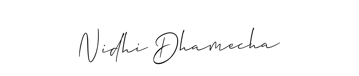 The best way (Allison_Script) to make a short signature is to pick only two or three words in your name. The name Nidhi Dhamecha include a total of six letters. For converting this name. Nidhi Dhamecha signature style 2 images and pictures png