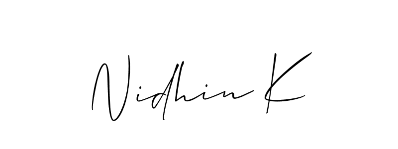 Also You can easily find your signature by using the search form. We will create Nidhin K name handwritten signature images for you free of cost using Allison_Script sign style. Nidhin K signature style 2 images and pictures png