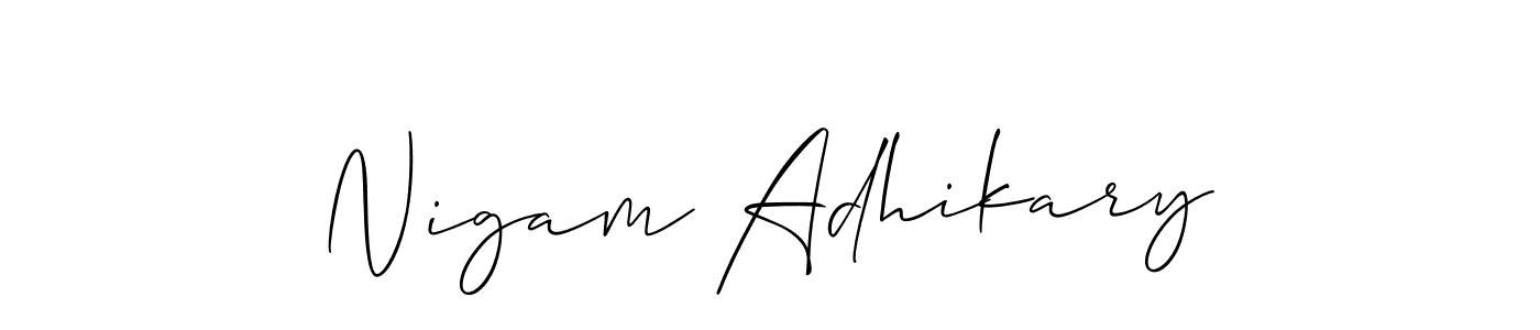 Allison_Script is a professional signature style that is perfect for those who want to add a touch of class to their signature. It is also a great choice for those who want to make their signature more unique. Get Nigam Adhikary name to fancy signature for free. Nigam Adhikary signature style 2 images and pictures png