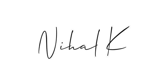 The best way (Allison_Script) to make a short signature is to pick only two or three words in your name. The name Nihal K include a total of six letters. For converting this name. Nihal K signature style 2 images and pictures png