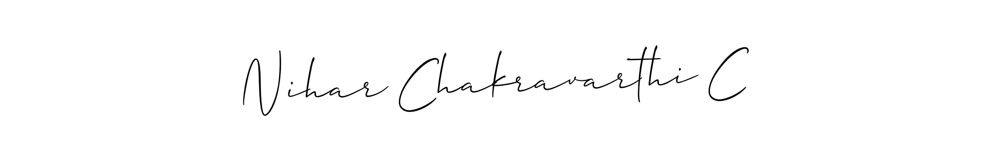 Also You can easily find your signature by using the search form. We will create Nihar Chakravarthi C name handwritten signature images for you free of cost using Allison_Script sign style. Nihar Chakravarthi C signature style 2 images and pictures png