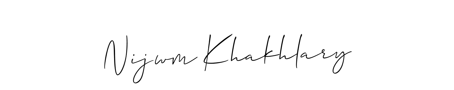 The best way (Allison_Script) to make a short signature is to pick only two or three words in your name. The name Nijwm Khakhlary include a total of six letters. For converting this name. Nijwm Khakhlary signature style 2 images and pictures png