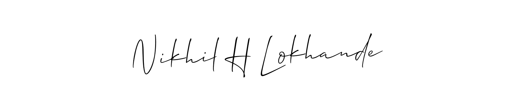 The best way (Allison_Script) to make a short signature is to pick only two or three words in your name. The name Nikhil H Lokhande include a total of six letters. For converting this name. Nikhil H Lokhande signature style 2 images and pictures png