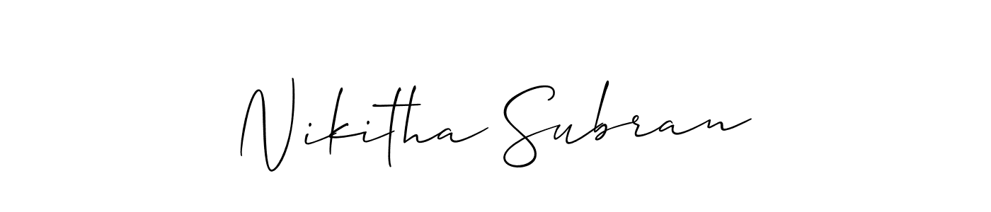 Make a short Nikitha Subran signature style. Manage your documents anywhere anytime using Allison_Script. Create and add eSignatures, submit forms, share and send files easily. Nikitha Subran signature style 2 images and pictures png