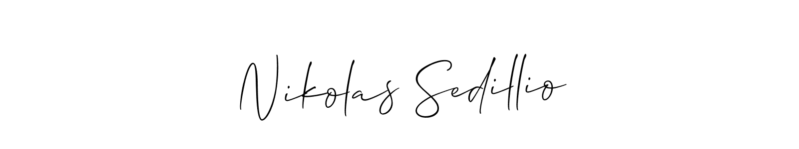 This is the best signature style for the Nikolas Sedillio name. Also you like these signature font (Allison_Script). Mix name signature. Nikolas Sedillio signature style 2 images and pictures png