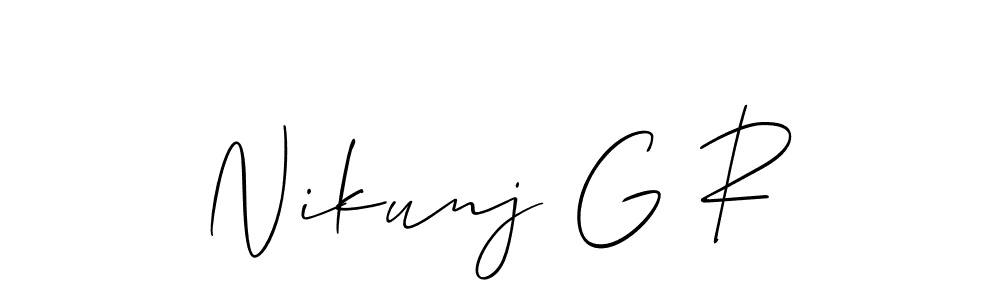 The best way (Allison_Script) to make a short signature is to pick only two or three words in your name. The name Nikunj G R include a total of six letters. For converting this name. Nikunj G R signature style 2 images and pictures png