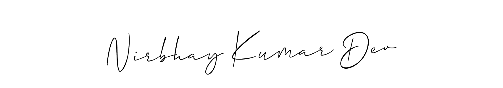 The best way (Allison_Script) to make a short signature is to pick only two or three words in your name. The name Nirbhay Kumar Dev include a total of six letters. For converting this name. Nirbhay Kumar Dev signature style 2 images and pictures png
