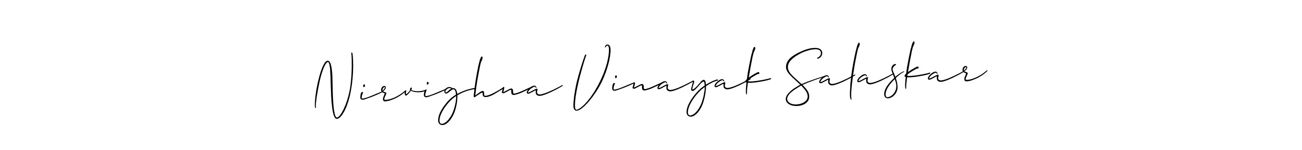 if you are searching for the best signature style for your name Nirvighna Vinayak Salaskar. so please give up your signature search. here we have designed multiple signature styles  using Allison_Script. Nirvighna Vinayak Salaskar signature style 2 images and pictures png