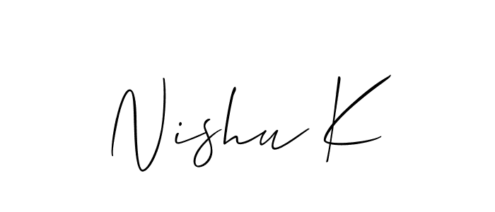 It looks lik you need a new signature style for name Nishu K. Design unique handwritten (Allison_Script) signature with our free signature maker in just a few clicks. Nishu K signature style 2 images and pictures png