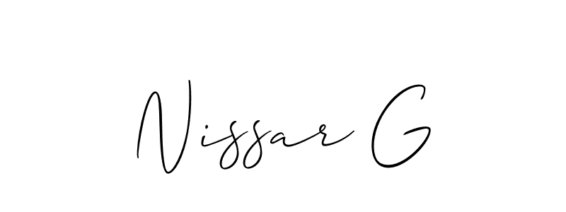 if you are searching for the best signature style for your name Nissar G. so please give up your signature search. here we have designed multiple signature styles  using Allison_Script. Nissar G signature style 2 images and pictures png