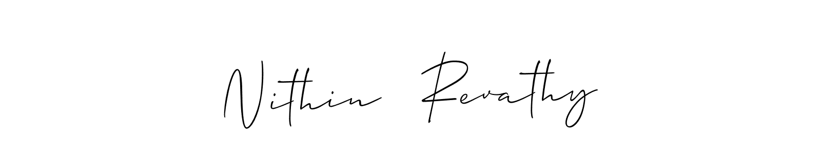 The best way (Allison_Script) to make a short signature is to pick only two or three words in your name. The name Nithin   Revathy include a total of six letters. For converting this name. Nithin   Revathy signature style 2 images and pictures png