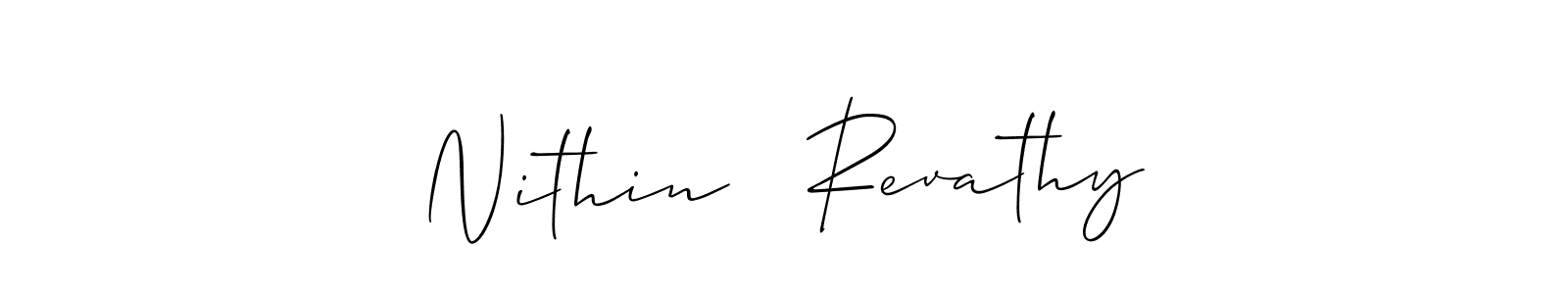 The best way (Allison_Script) to make a short signature is to pick only two or three words in your name. The name Nithin   Revathy include a total of six letters. For converting this name. Nithin   Revathy signature style 2 images and pictures png