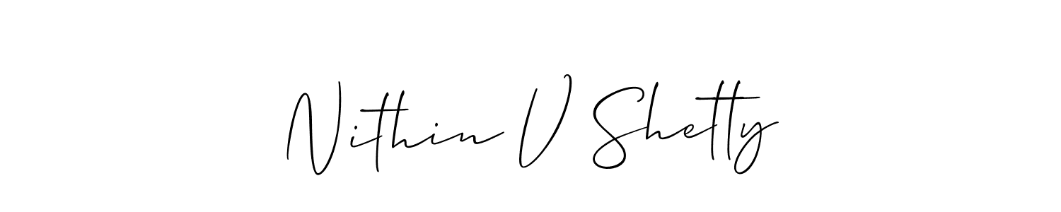The best way (Allison_Script) to make a short signature is to pick only two or three words in your name. The name Nithin V Shetty include a total of six letters. For converting this name. Nithin V Shetty signature style 2 images and pictures png