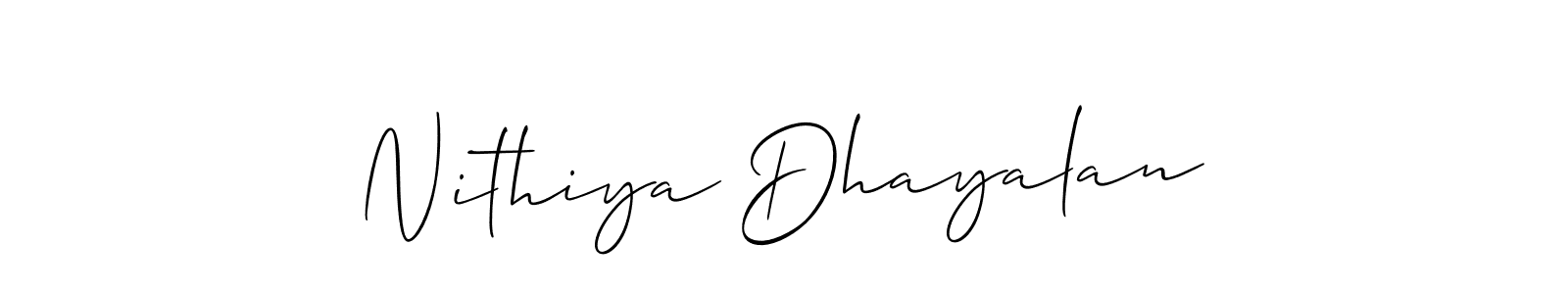 Make a short Nithiya Dhayalan signature style. Manage your documents anywhere anytime using Allison_Script. Create and add eSignatures, submit forms, share and send files easily. Nithiya Dhayalan signature style 2 images and pictures png