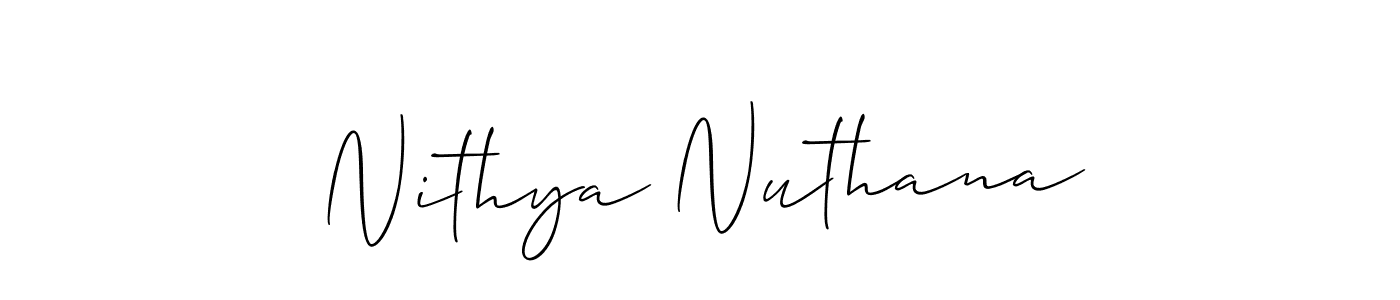 Allison_Script is a professional signature style that is perfect for those who want to add a touch of class to their signature. It is also a great choice for those who want to make their signature more unique. Get Nithya Nuthana name to fancy signature for free. Nithya Nuthana signature style 2 images and pictures png