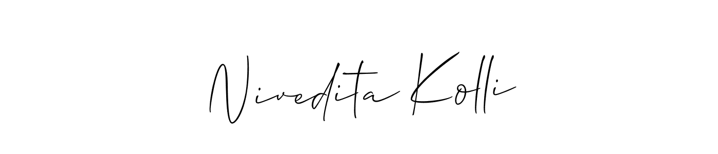You should practise on your own different ways (Allison_Script) to write your name (Nivedita Kolli) in signature. don't let someone else do it for you. Nivedita Kolli signature style 2 images and pictures png