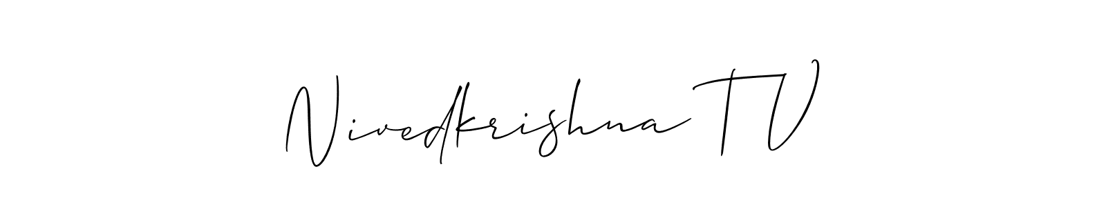 if you are searching for the best signature style for your name Nivedkrishna T V. so please give up your signature search. here we have designed multiple signature styles  using Allison_Script. Nivedkrishna T V signature style 2 images and pictures png