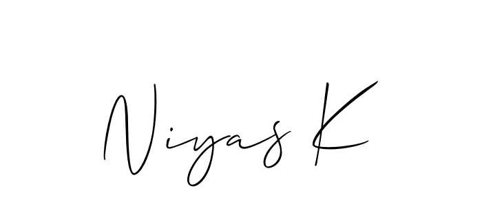 The best way (Allison_Script) to make a short signature is to pick only two or three words in your name. The name Niyas K include a total of six letters. For converting this name. Niyas K signature style 2 images and pictures png