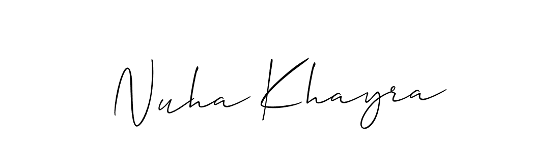 The best way (Allison_Script) to make a short signature is to pick only two or three words in your name. The name Nuha Khayra include a total of six letters. For converting this name. Nuha Khayra signature style 2 images and pictures png