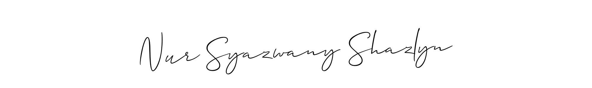 The best way (Allison_Script) to make a short signature is to pick only two or three words in your name. The name Nur Syazwany Shazlyn include a total of six letters. For converting this name. Nur Syazwany Shazlyn signature style 2 images and pictures png