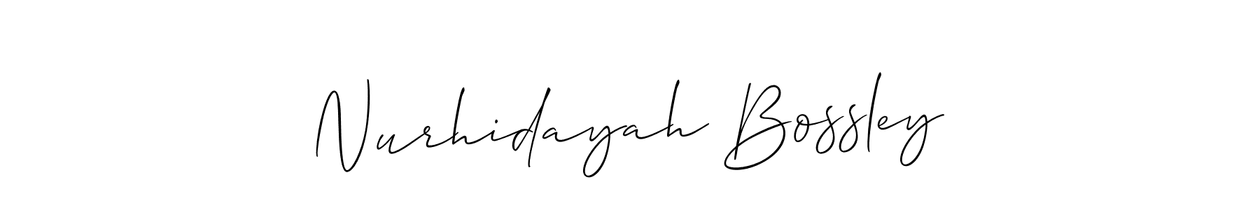 Also You can easily find your signature by using the search form. We will create Nurhidayah Bossley name handwritten signature images for you free of cost using Allison_Script sign style. Nurhidayah Bossley signature style 2 images and pictures png