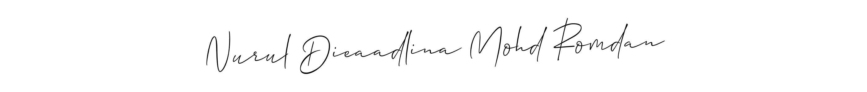 It looks lik you need a new signature style for name Nurul Dieaadlina Mohd Romdan. Design unique handwritten (Allison_Script) signature with our free signature maker in just a few clicks. Nurul Dieaadlina Mohd Romdan signature style 2 images and pictures png