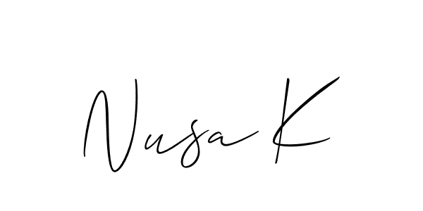 The best way (Allison_Script) to make a short signature is to pick only two or three words in your name. The name Nusa K include a total of six letters. For converting this name. Nusa K signature style 2 images and pictures png