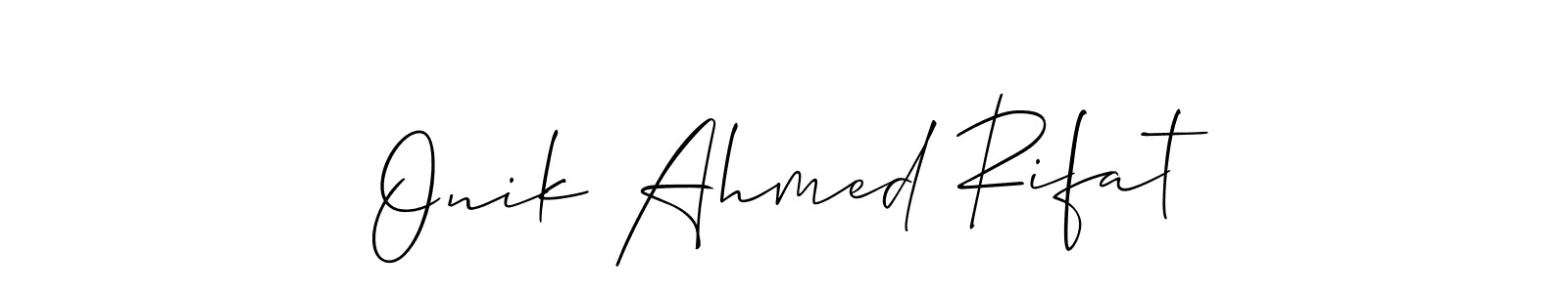 if you are searching for the best signature style for your name Onik Ahmed Rifat. so please give up your signature search. here we have designed multiple signature styles  using Allison_Script. Onik Ahmed Rifat signature style 2 images and pictures png