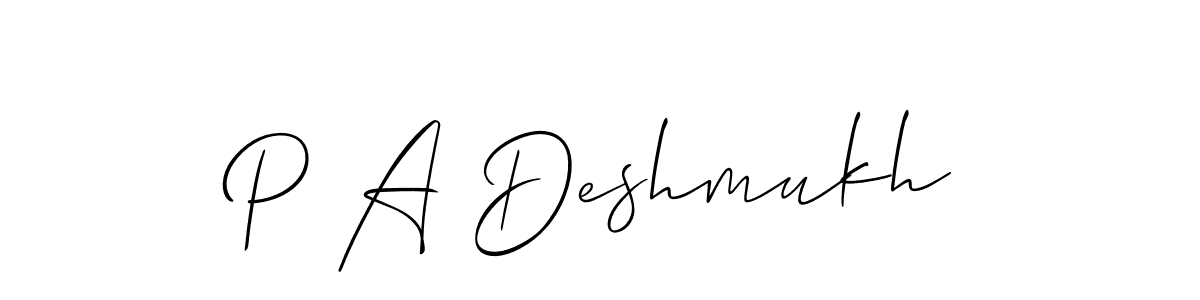 Design your own signature with our free online signature maker. With this signature software, you can create a handwritten (Allison_Script) signature for name P A Deshmukh. P A Deshmukh signature style 2 images and pictures png