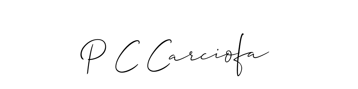 The best way (Allison_Script) to make a short signature is to pick only two or three words in your name. The name P C Carciofa include a total of six letters. For converting this name. P C Carciofa signature style 2 images and pictures png