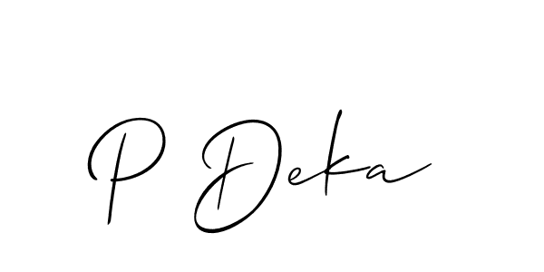 Also You can easily find your signature by using the search form. We will create P Deka name handwritten signature images for you free of cost using Allison_Script sign style. P Deka signature style 2 images and pictures png