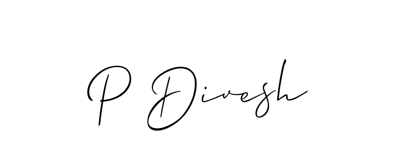 The best way (Allison_Script) to make a short signature is to pick only two or three words in your name. The name P Divesh include a total of six letters. For converting this name. P Divesh signature style 2 images and pictures png